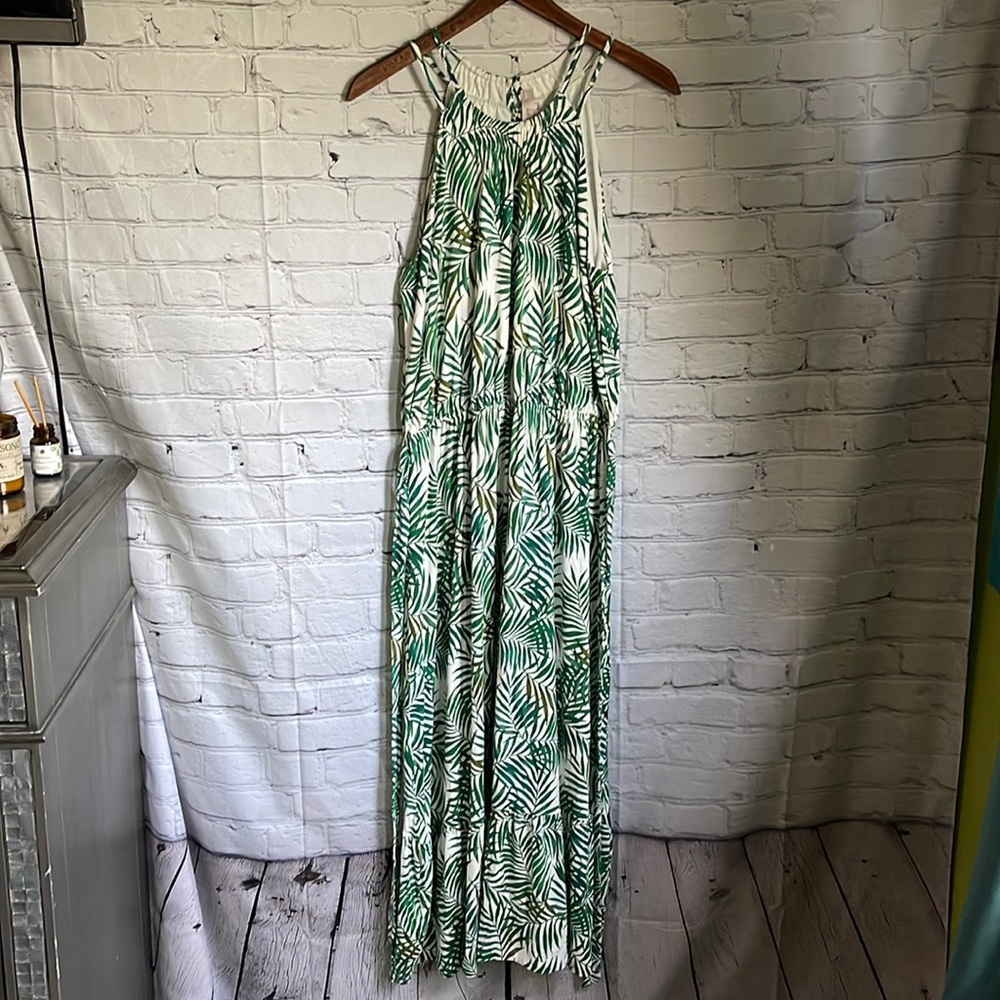 LOFT Green & White Tropical Print Sleeveless Maxi Dress Size M